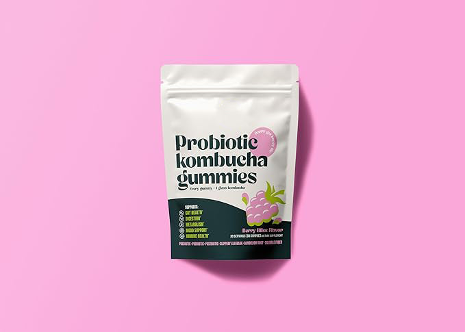 BoochBod Probiotic Kombucha Gummies – Bloating Relief | Gut Health, Digestion, & Metabolism Support | Pre/Postbiotics, Slippery Elm, Dandelion Root, Fiber Supplement