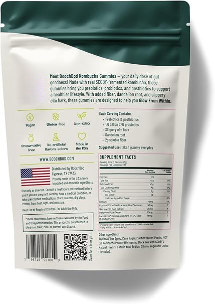 BoochBod Probiotic Kombucha Gummies – Bloating Relief | Gut Health, Digestion, & Metabolism Support | Pre/Postbiotics, Slippery Elm, Dandelion Root, Fiber Supplement